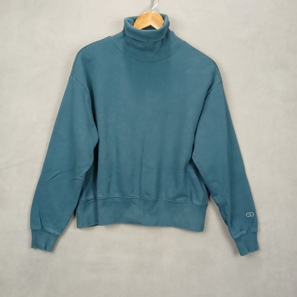 Calia Sweatshirt Womens Small Teal Blue Knit Cotton Fleece Lined‎ Down Shoulder